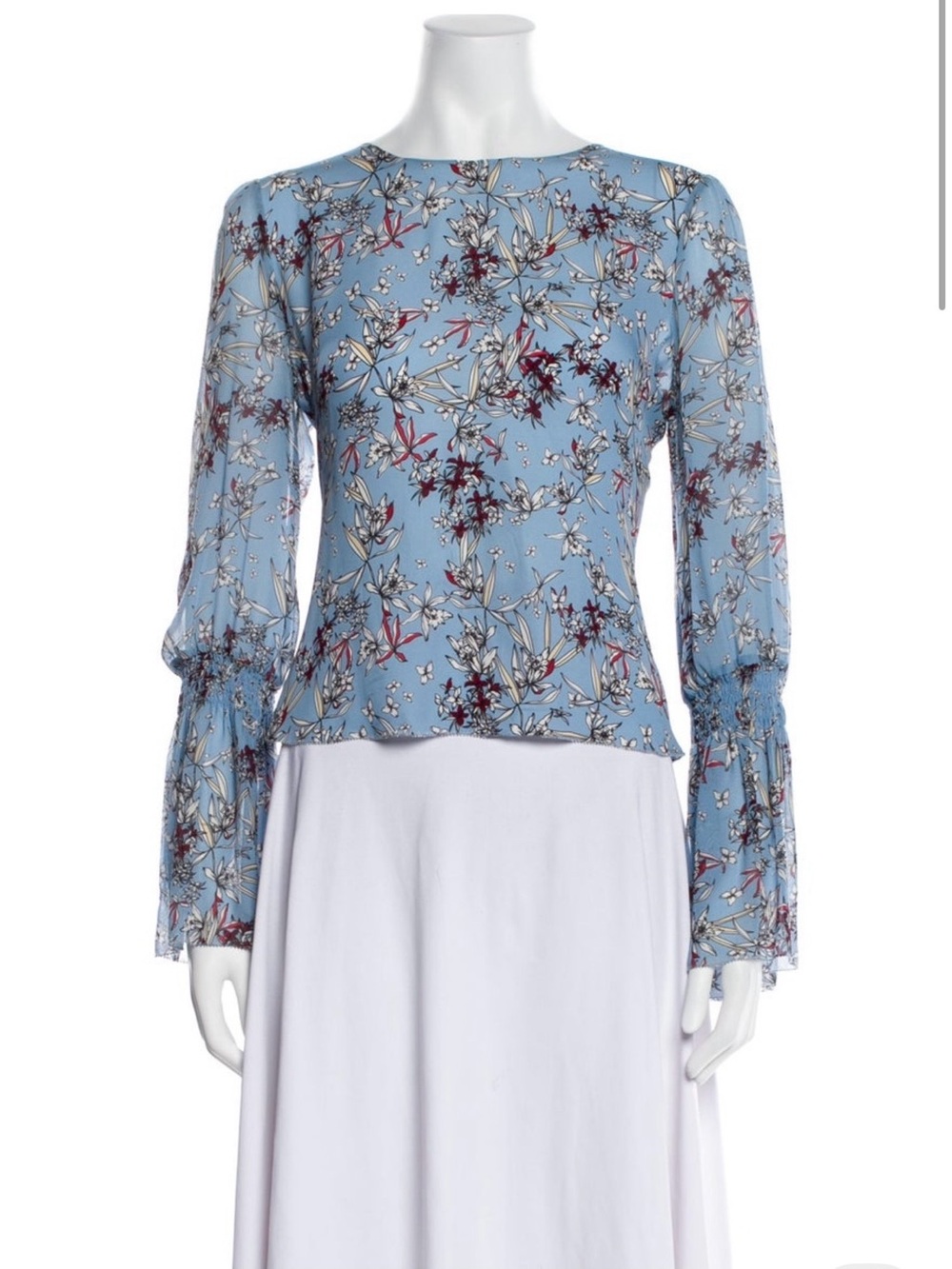 INTERMIX 100% Silk Blue Floral Print Long-Sleeve Blouse Size Medium